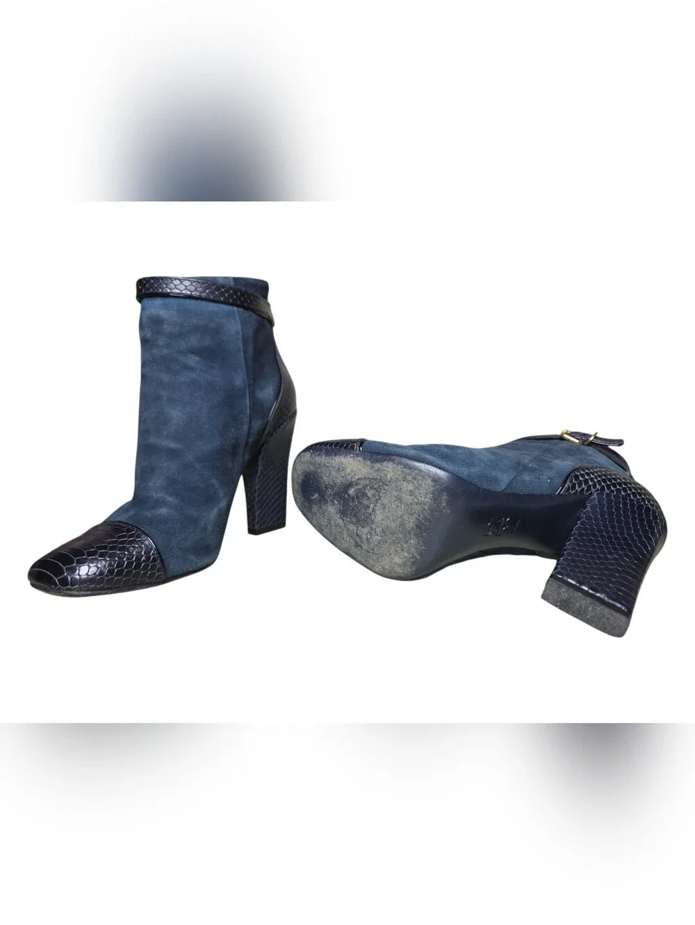 Tory Burch Navy Suede & Black Croc-Trim Ankle Booties, Size 7.